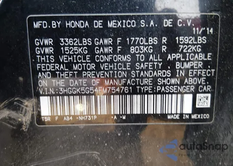 2015 Honda Fit Lx из США, поврежденный, VIN 3HGGK5G54FM754761